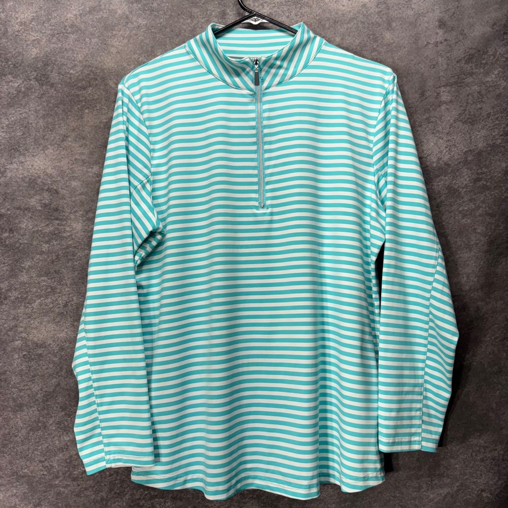 Lulu-B 1/4 Zip Pullover Top Womens M Striped Turquoise White Nylon Sun Shirt